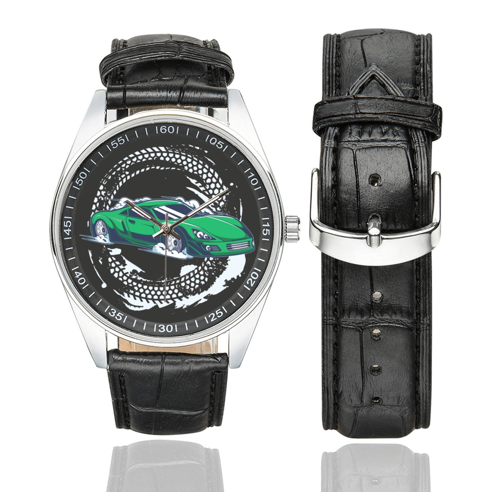 Green Racing Car Casual  Leather Strap Watch