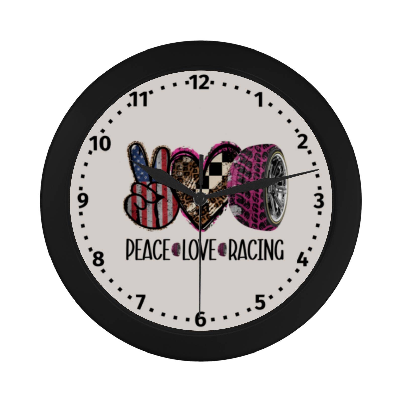 Peace Love Racing Black Plastic Wall Clock