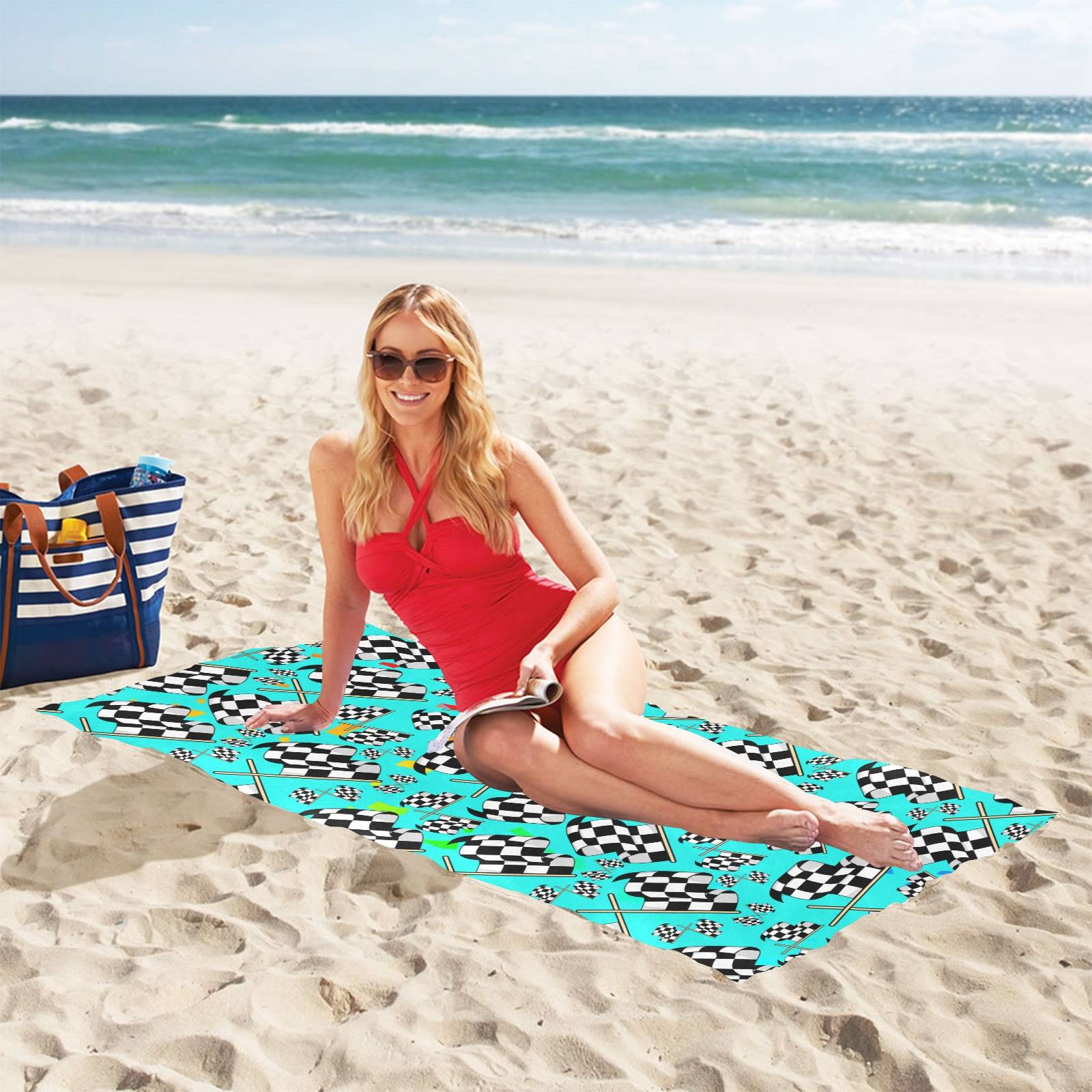 Checkered Flag Pattern Beach Towel – light blue