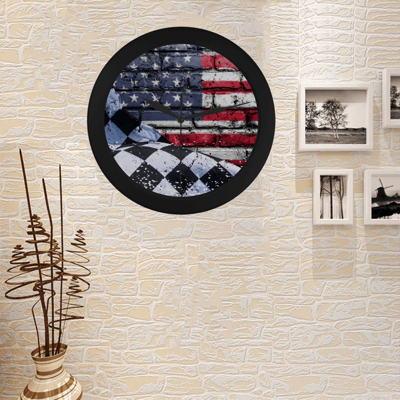 Checkered Flag Black Plastic Wall Clock