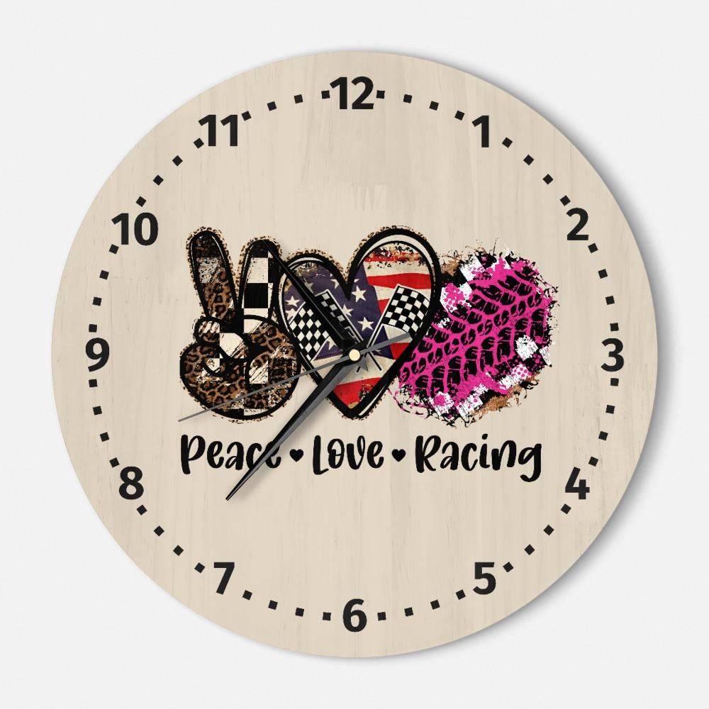 Peace Love Racing Wooden Wall Clock