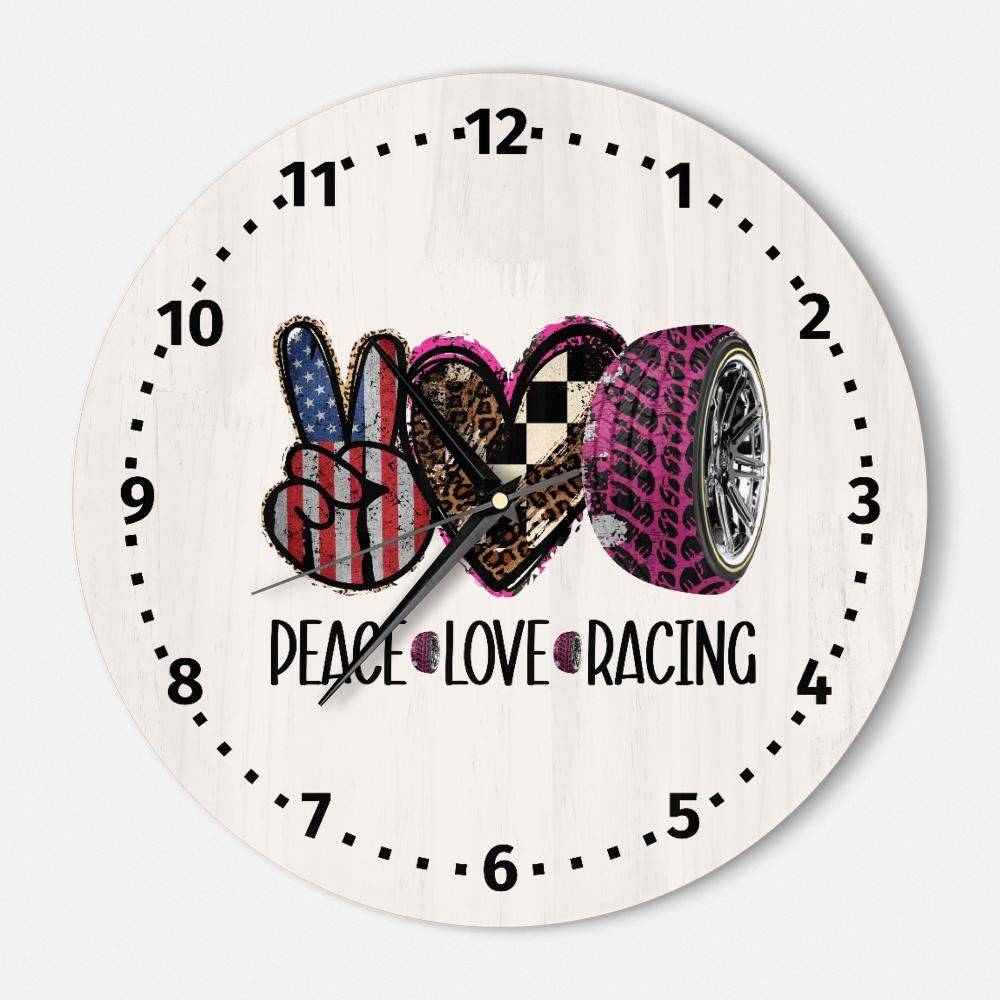 Peace Love Racing Wooden Wall Clock V1